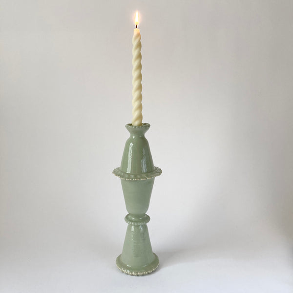 Tall Green Slipware Frill Candlestick